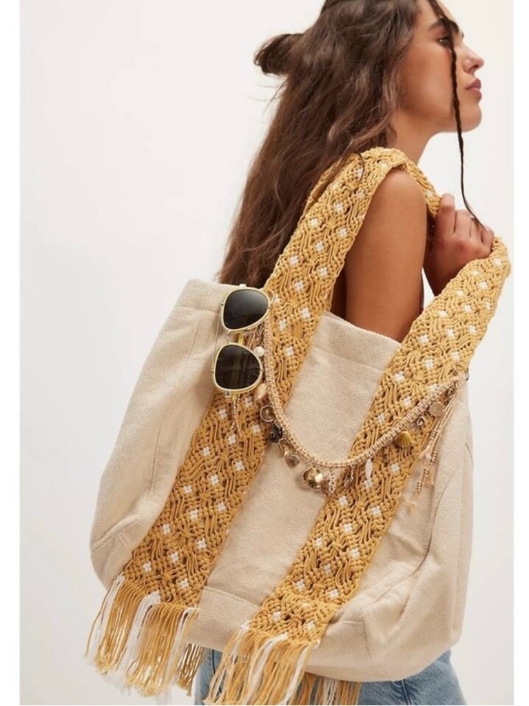 Free People Bohemian Retro 70s Mia Canvas Macrame Strap Tote Bag Nwt Xl Fringe
